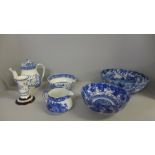 Large and medium oriental pattern blue and white bowls, a Wedgwood blue and white Willow pattern