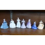 Five Coalport and two Royal Doulton small figures