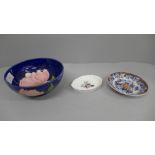 A Moorcroft bowl, a/f, a Davenport dish and a Wedgwood Hathaway Rose dish