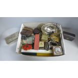 A silver plated trinket box, other boxes, travel clock, etc.