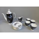Royal Albert Night and Day part coffee set, four cups, six saucers, a coffee pot with cream and