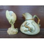 A Royal Worcester nautilus shell vase and salamander jug with basket weave decoration, both a/f