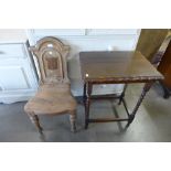 A Victorian mahogany hall chair and an oak bobbin turned occasional table