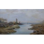 Frank Rawlings Offer, (1847-1932) coastal landscape with figures in an estuary, oil on board, framed