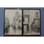 Ernest Coffin, Dordrecht and The Venice of Holland, pen and ink drawings, framed