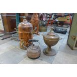 A Victorian copper samovar, an urn and a kettle, a/f