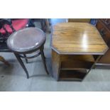 An early 20th Century beech bentwood stool and a walnut three tier shelf