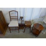 An Art Deco mahogany occasional table, an oak occasional table, smokers stand and an inlaid mahogany