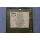 A 17trh Century hand coloured Robert Morden engraved map of Nottinghamshire, framed