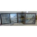 A set of four Japanese landscape prints on linen, framed