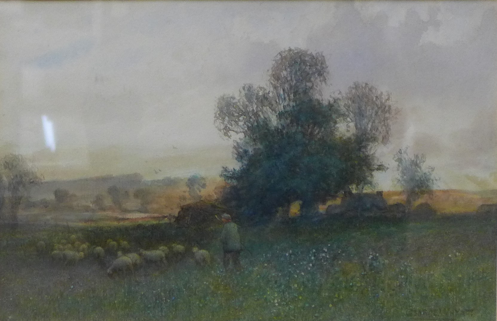 George Henry Wyatt (1884-1945), rural landscape with sheep and flock, watercolour, framed