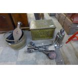 A brass slipper box, a companion set, a brass jam pan and fire bellows