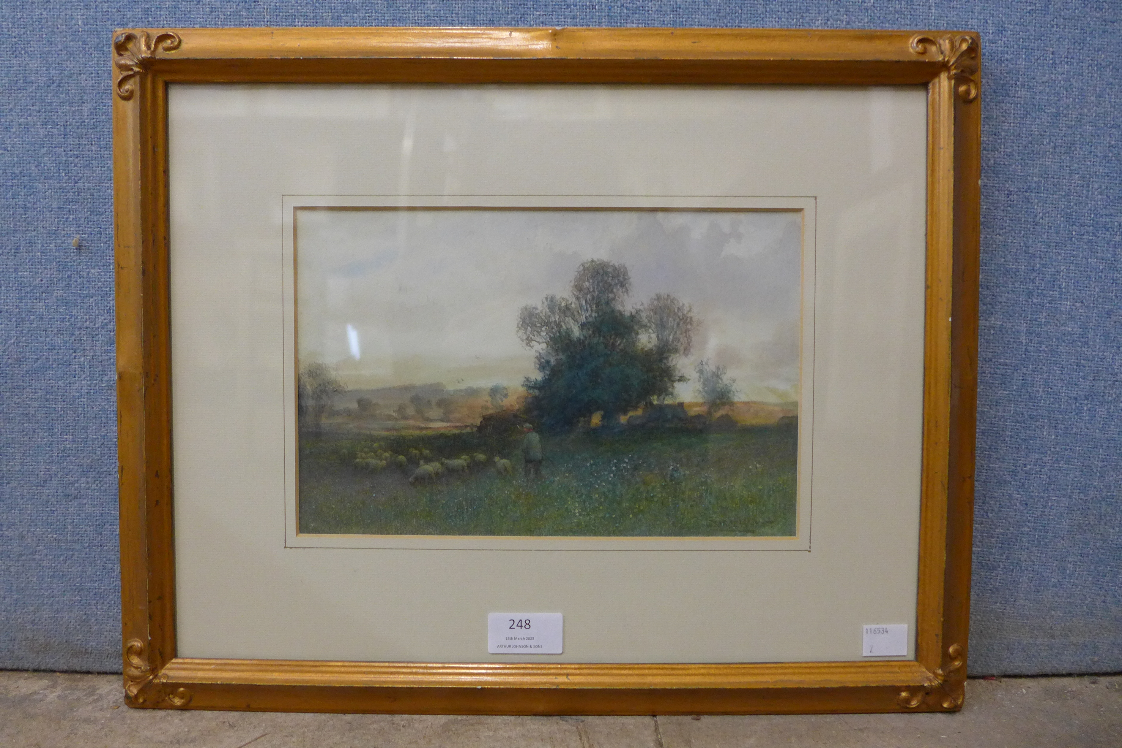 George Henry Wyatt (1884-1945), rural landscape with sheep and flock, watercolour, framed - Image 2 of 2