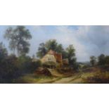 Attributed to Edward Williams (19th Century), rural landscape with figures by a thatched cottage,