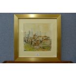 Frank White, city landscape, watercolour, framed