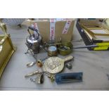 A box of assorted brass and copperware, including a jam pan, spirit kettle and stand, etc.