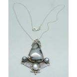 A large silver, moonstone and moss agate pendant and chain