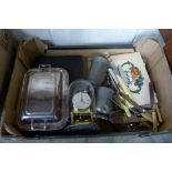 Cased cutlery, a chafing dish and loose cutlery, pewter tankards, anniversary clock, etc.
