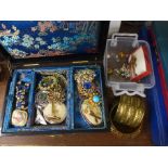 A collection of vintage costume jewellery with some silver earrings in a musical lacquered box