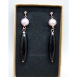 A pair of silver gilt, onyx and pearl drop earrings, with certificate