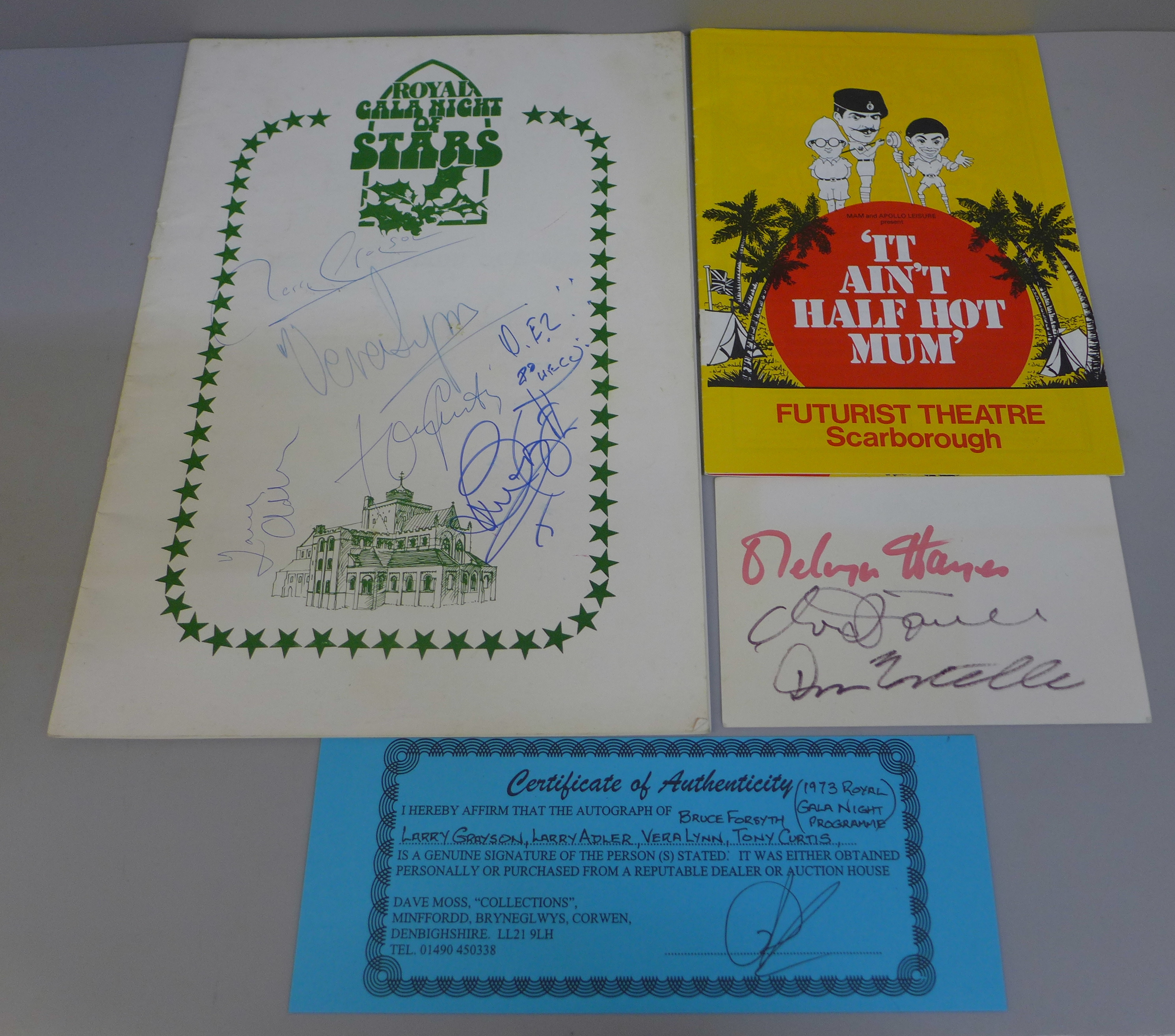 Signed/autographed programmes including Tony Curtis, Larry Adler, Carry Grayson, etc., and signed