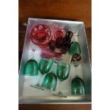 A set of six green glasses, four items of cranberry glass and six mixed flash cut ruby tot glasses