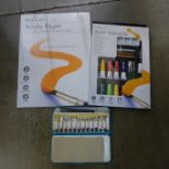 A Rowney watercolour paint set, acrylic paints and artist's box