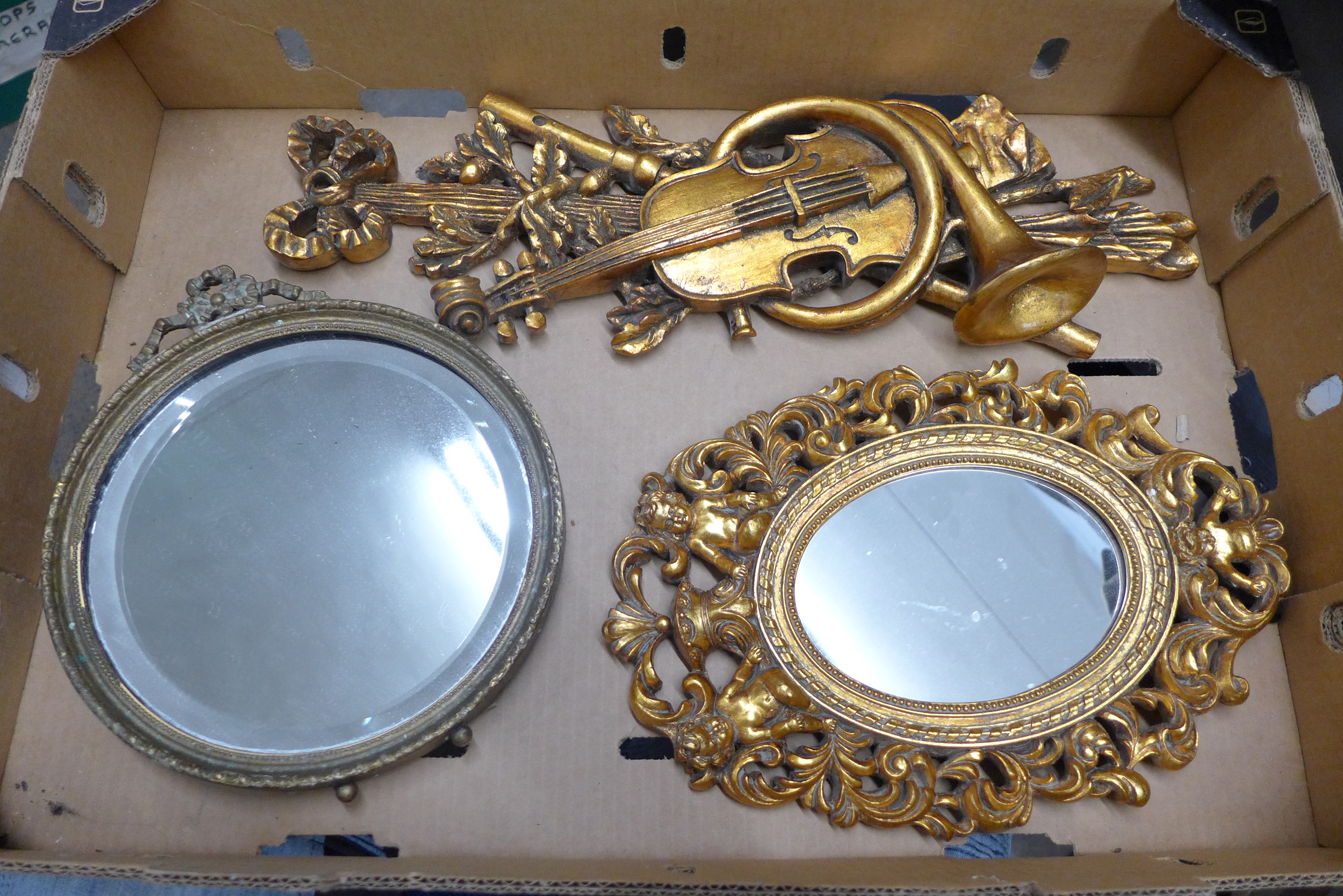 Two mirrors and a musical instrument wall plaque **PLEASE NOTE THIS LOT IS NOT ELIGIBLE FOR