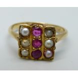 A yellow metal, ruby and pearl ring, 3.2g, M, marked 21K