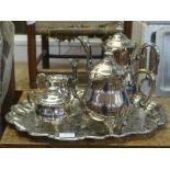 A four piece plated tea service and a tray