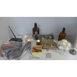 Assorted items, glassware, desk stand, bottles, etc.