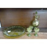 A 19th Century green glass decanter, three glasses, glass tray, one glass and decanter a/f