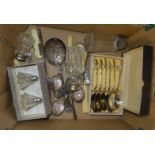 A collection of plated cutlery, glass jars, etc.