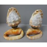 Two figural cameo conch shells on stands