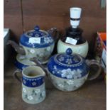 Langley Pottery Princess Ware stoneware including two tea pots and a Denby Pottery table lamp base