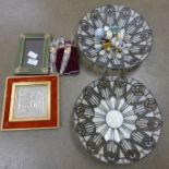 Two art Deco style light shades, cabinet knobs, a photograph frame, etc. **PLEASE NOTE THIS LOT IS