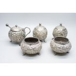 An Indian silver five piece condiment set, 20th Century, 214g
