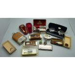 A pair of rolled gold spectacles, plated box, two snuff boxes, hip flask, etc.