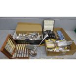 A box of mixed silver plated and stainless steel cutlery, including cased sets **PLEASE NOTE THIS