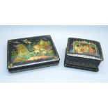 Two Russian lacquered boxes with hand painted lids, both signed