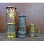 Four miner's lamps; Lamp & Limelight Hockley, Berwood Engineering Co. Type SL