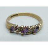 A 9ct gold, amethyst and diamond ring, 1.8g, P