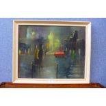 Del Pianto, Surrealist street scene, oil on canvas, framed