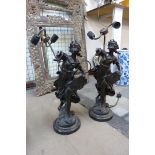 A pair of French Art Nouveau style cast iron figural table lamps, a/f