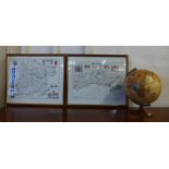 A vintage terrestrial globe and two maps of Essex and Sussex
