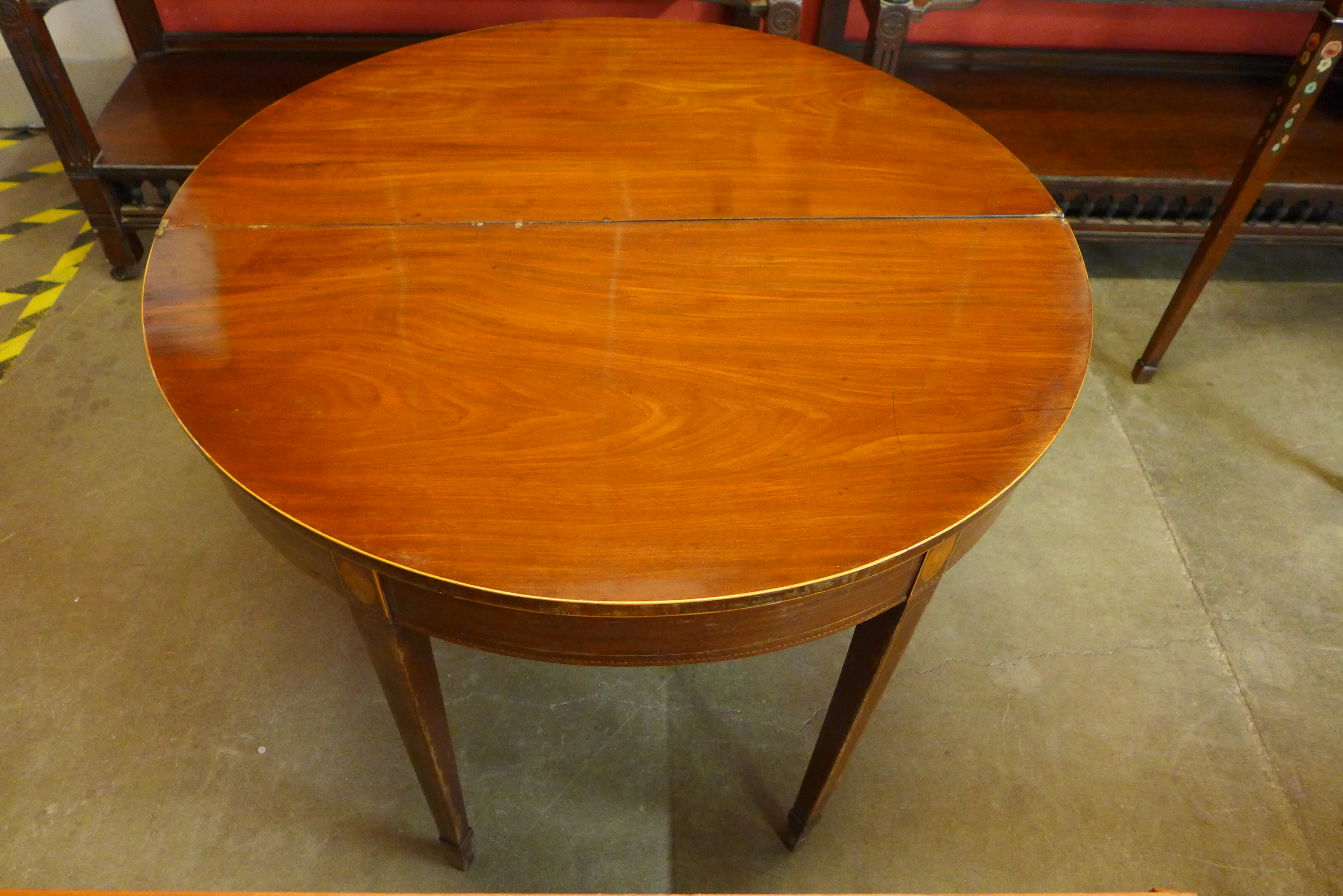 A George III inlaid mahogany demi-lune fold over tea table - Image 2 of 2