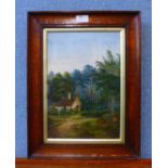 A rural forest landscape with a cottage, oil on board, unsigned, framed