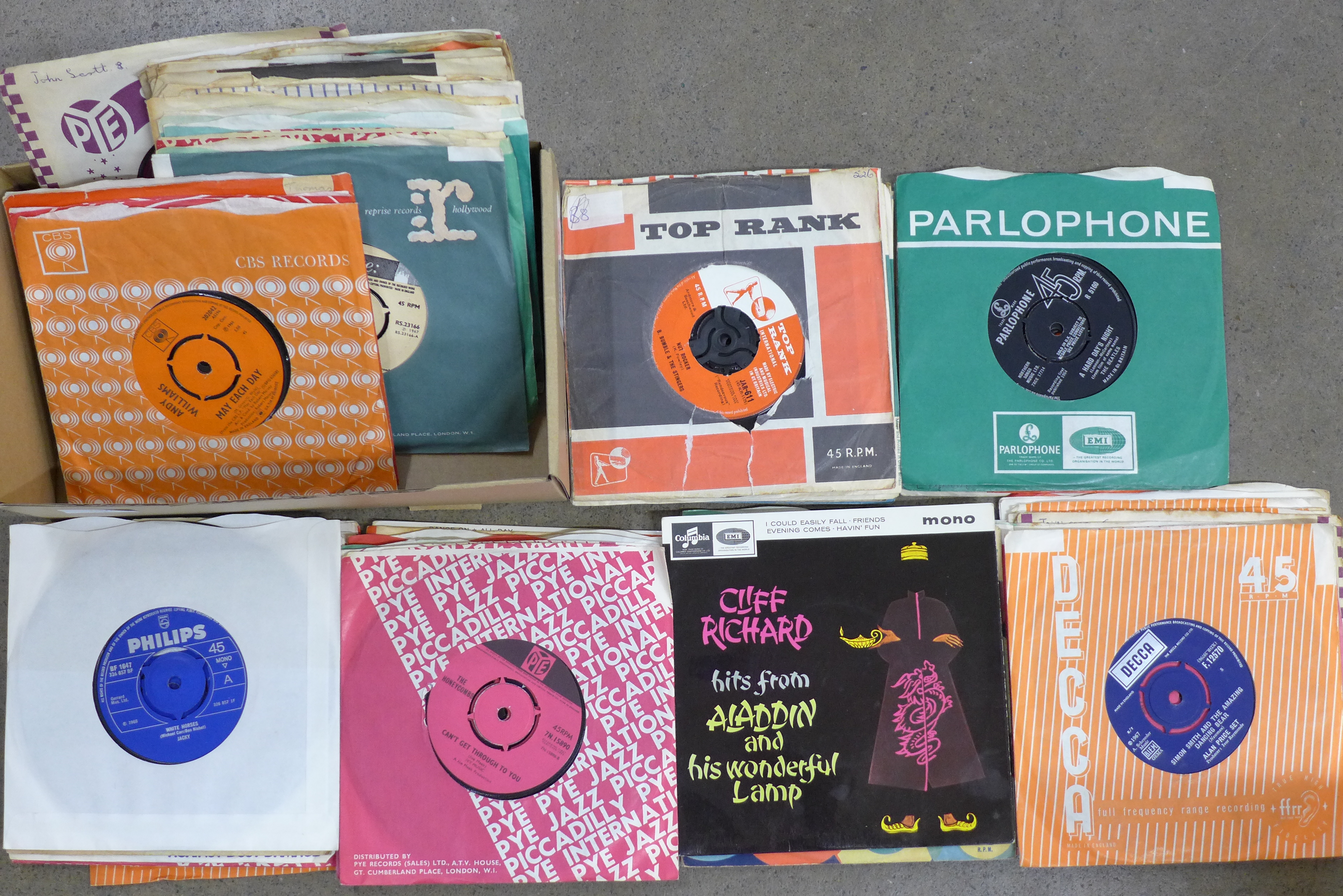 A box of sixty 7" singles, all 1960's including The Beatles, The Who, Canned Heat, Hollies, etc.