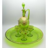 A 19th Century green glass decanter, three glasses, glass tray, one glass and decanter a/f