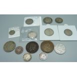 A collection of British Empire coins, foreign coins and a 1938 shilling